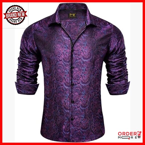 Men's Silk Button Down Shirt Floral Paisley Long Sleeve Dress Shirt